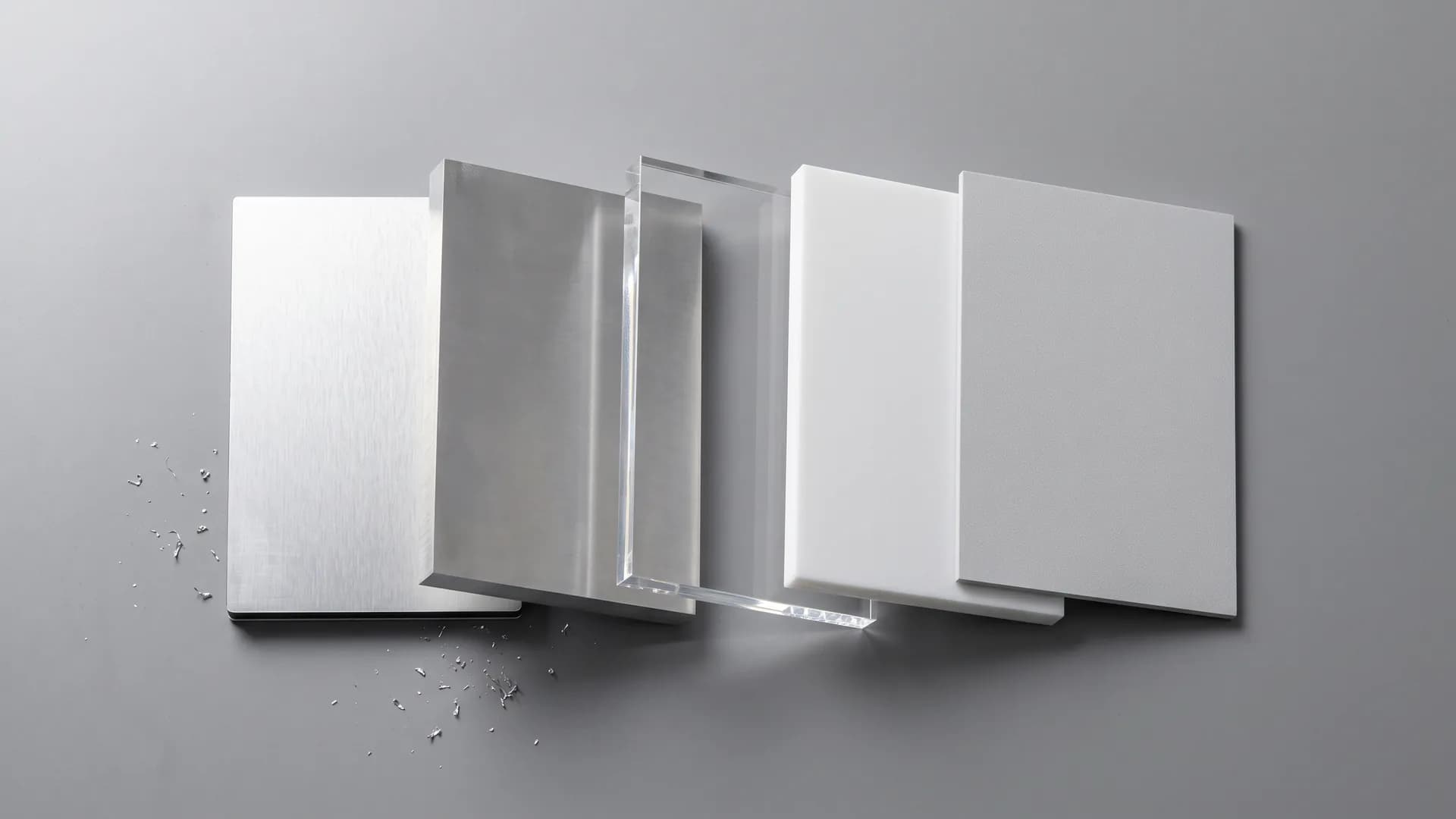 Pet uzoraka materijala za CNC sečenje na sivom stolu — alubond, aluminijum, klirit i PVC, sa mašinski sečenim ivicama
