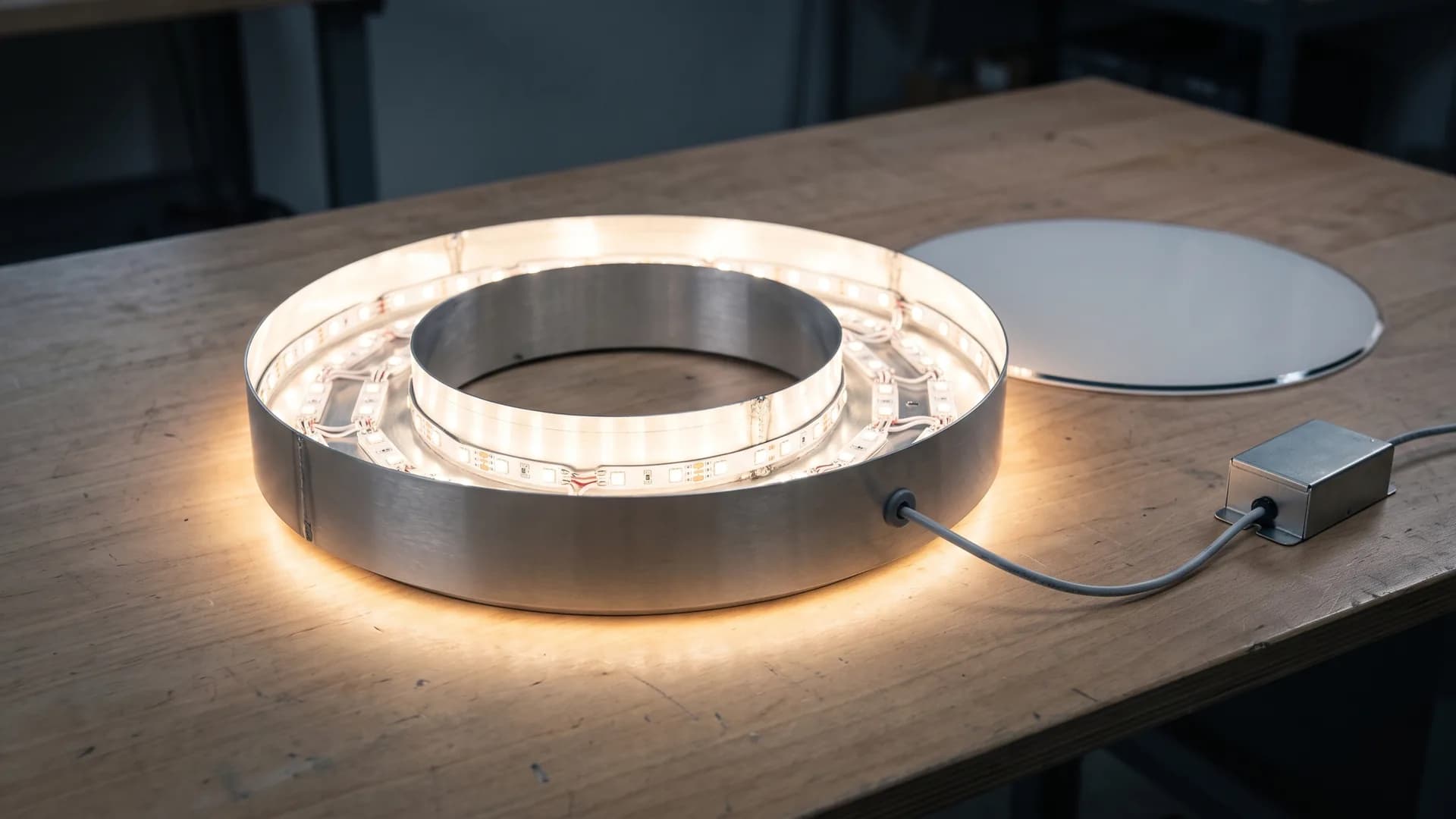 Otvoreno kanalno slovo na radnom stolu — aluminijumski prsten sa LED modulima iznutra, skinuto kliritno lice i LED napajanje