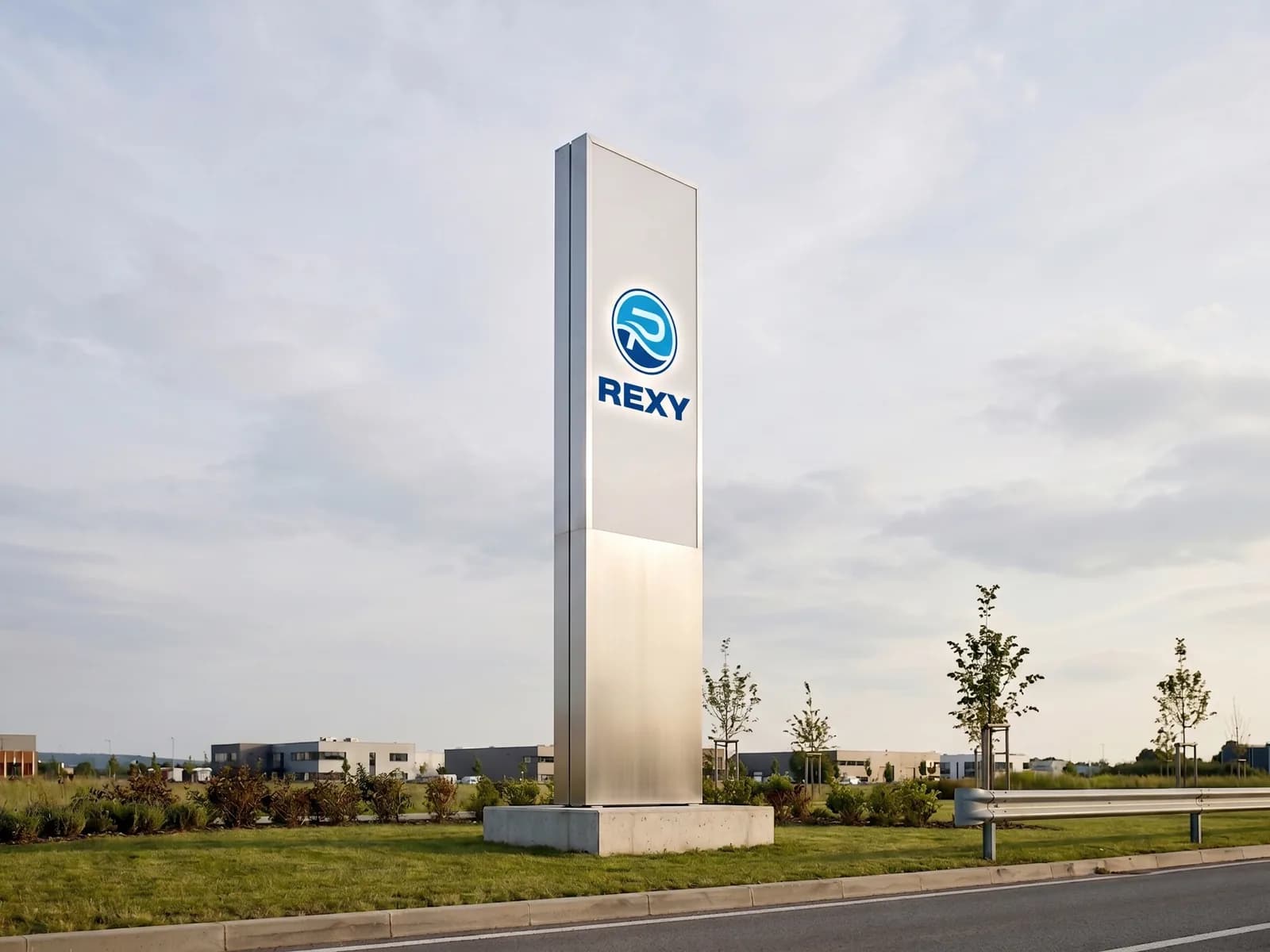 Rexy totem uz prilazni put — visok aluminijumski stub sa osvetljenim licem i logotipom, na betonskoj stopi