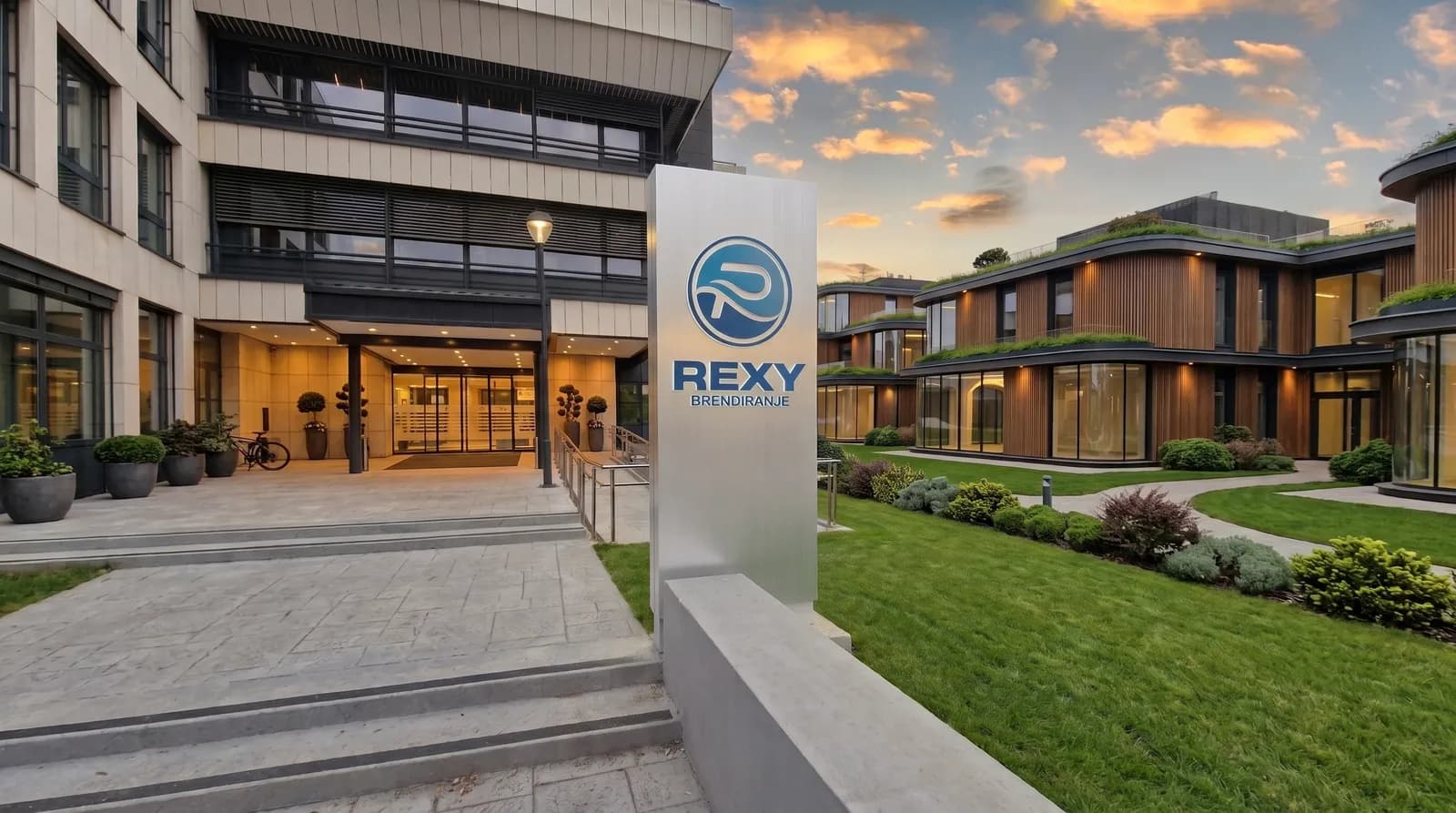 Rexy totem od četkanog aluminijuma ispred ulaza u poslovnu zgradu, u zlatnom satu