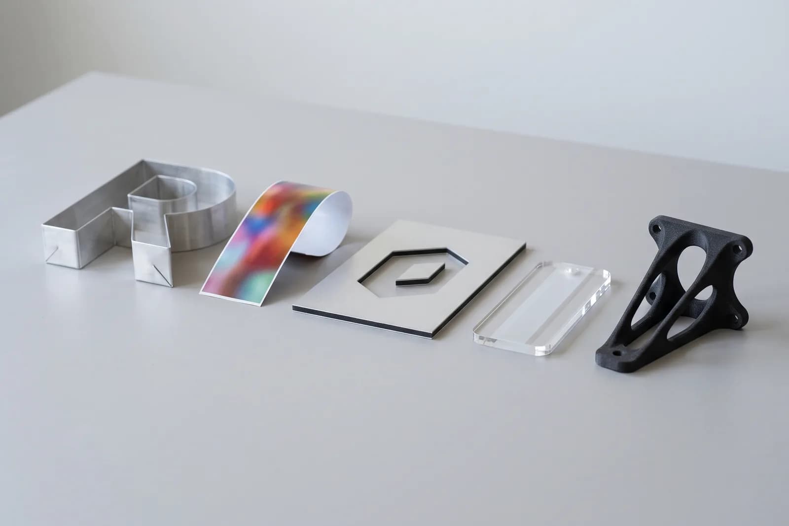 Pet proizvoda iz Rexy pogona u nizu — aluminijumsko 3D slovo, štampana folija, sečeni alubond panel, gravirani klirit i 3D štampani nosač od karbona