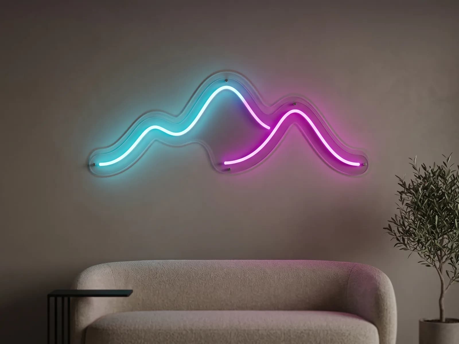 Dekorativni LED neon u obliku talasa, sa prelazom iz cijan u magentu — na kliritnoj podlozi sečenoj u konturu, iznad sofe