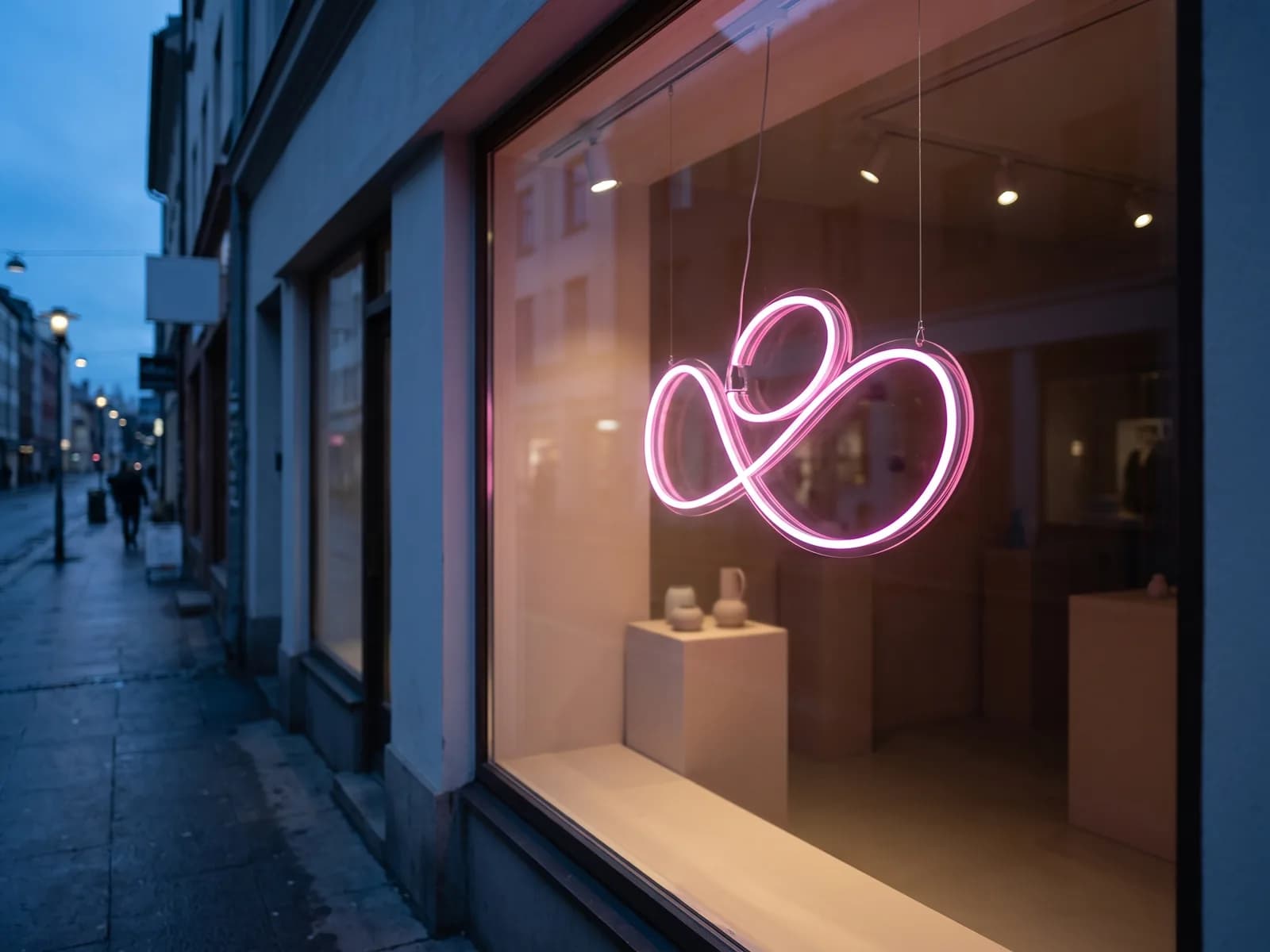 Roze LED neon okačen o sajle u izlogu prodavnice u sumrak, snimljen sa ulice kroz staklo