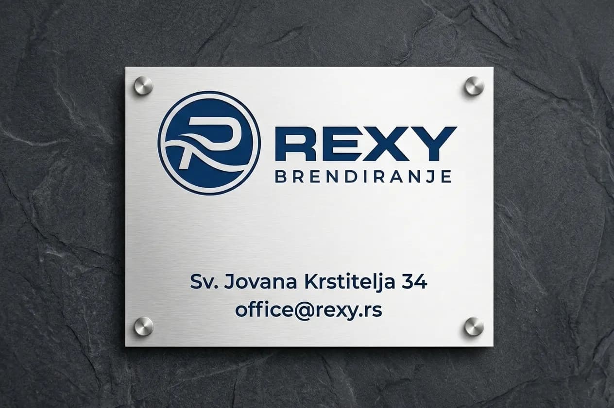 Rexy natpisna tabla od četkanog aluminijuma sa logotipom, adresom i mejlom, na četiri nerđajuća distancera